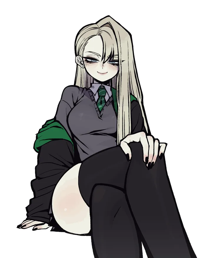Two drawings of a female Draco Malfoy, one smug and seated, one blushing, by @grizz056 (1 of 2)