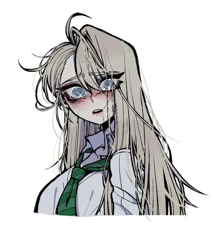 Two drawings of a female Draco Malfoy, one smug and seated, one blushing, by @grizz056 (2 of 2)