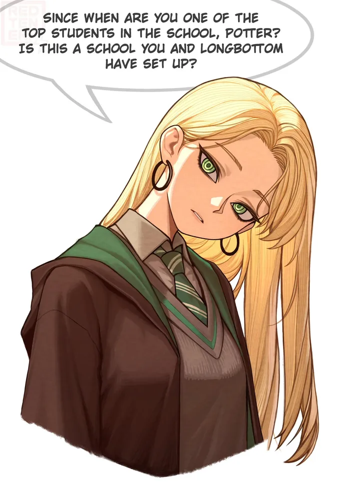 Malfoid in Slytherin robes with long blonde hair and hoop earrings, mocking Harry in a speech bubble, by @redteneri