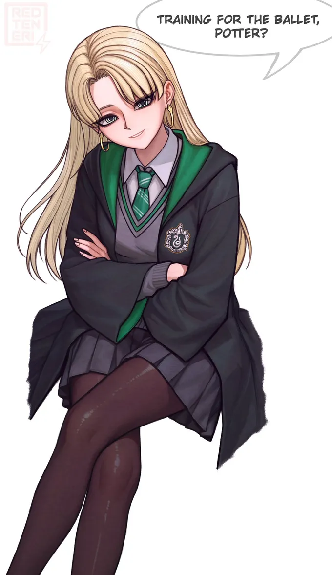 Malfoid sitting cross-legged with arms folded in a Slytherin uniform, by @redteneri