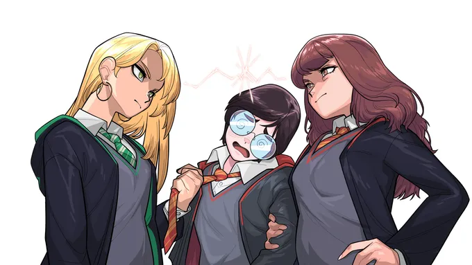 Malfoid and Hermione glaring at each other while holding Harry between them, by @spaz141