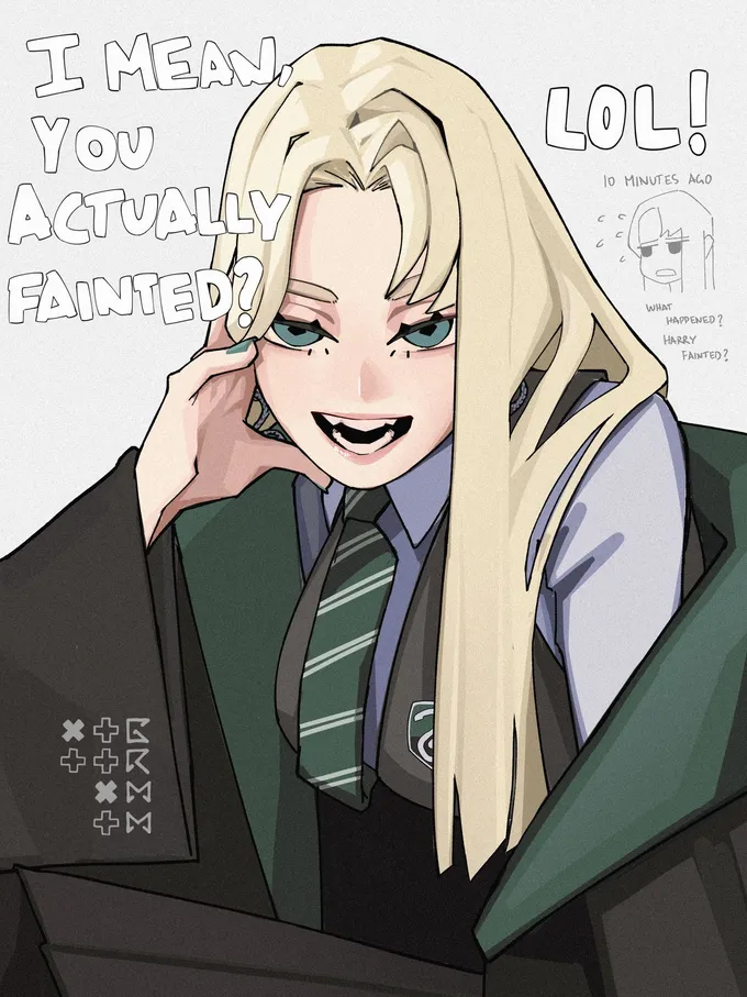 Girl Draco laughing with her hand on her cheek under the words I mean, you actually fainted? LOL!, with a small sketch of her looking worried