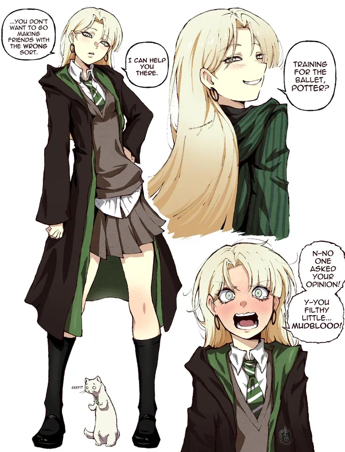 Character sheet of girl Draco in three poses with speech bubbles, a small white ferret at her feet