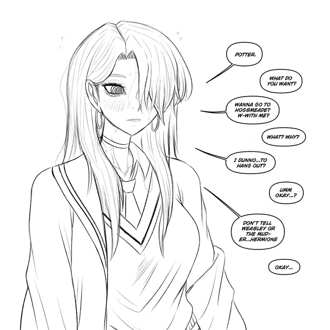 Line-art strip: girl Draco looks away and asks Harry to go to Hogsmeade with her