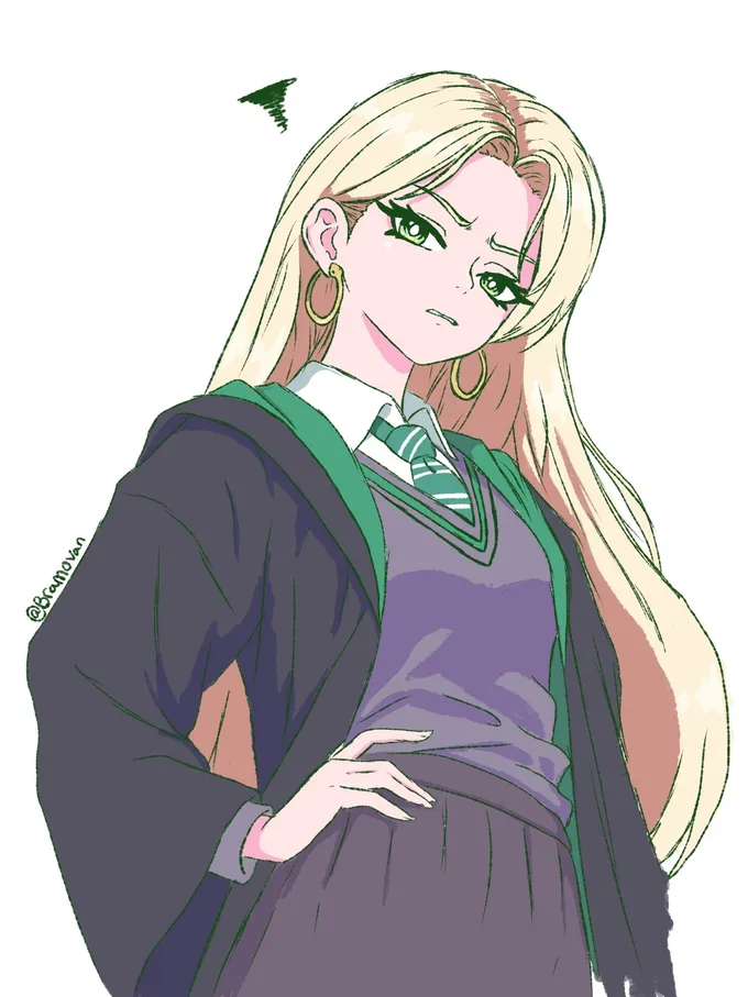 Malfoid with hand on hip, hoop earrings and a purple sweater under Slytherin robes, by @Bramovan