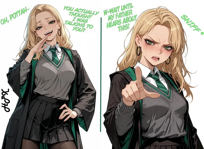 Two panels of Malfoid, mocking on the left and offended on the right, by @Hipaxiaartwork