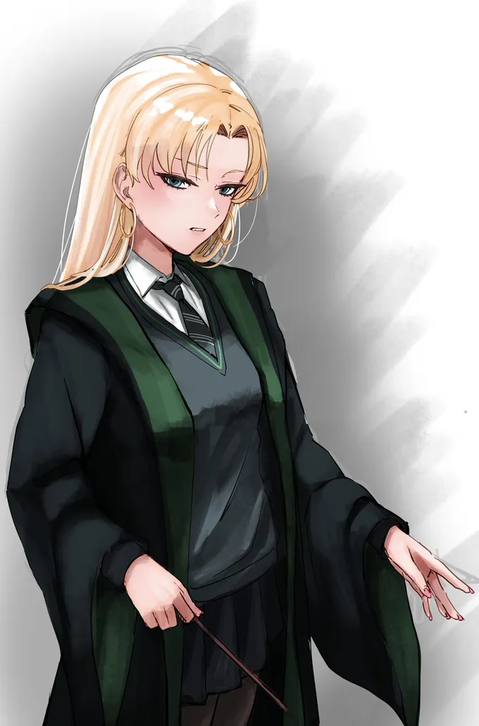Girl Draco with slicked-back blonde hair, hoop earrings and a Slytherin uniform, holding a wand low
