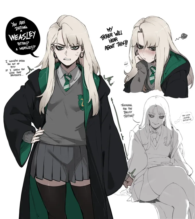 Three poses of Malfoid in a Slytherin uniform with speech bubbles about Weasley and her father, by @masoq095