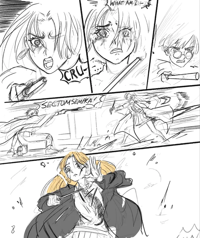Pencil sketch comic: girl Draco hesitates mid-spell while Harry casts Sectumsempra in a bathroom