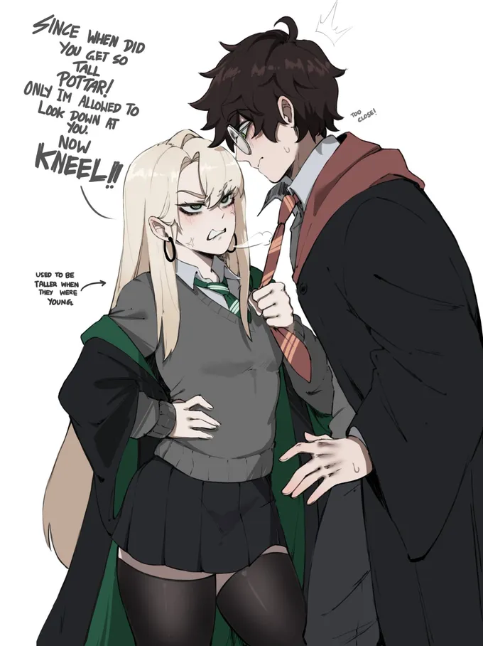 Girl Draco glaring up at a much taller Harry, yelling Since when did you get so tall, Pottar! Now kneel!