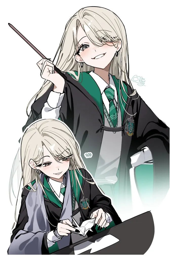 Malfoid pointing a wand confidently above a smaller drawing of her looking confused at a desk, by @DANCHUKKEY