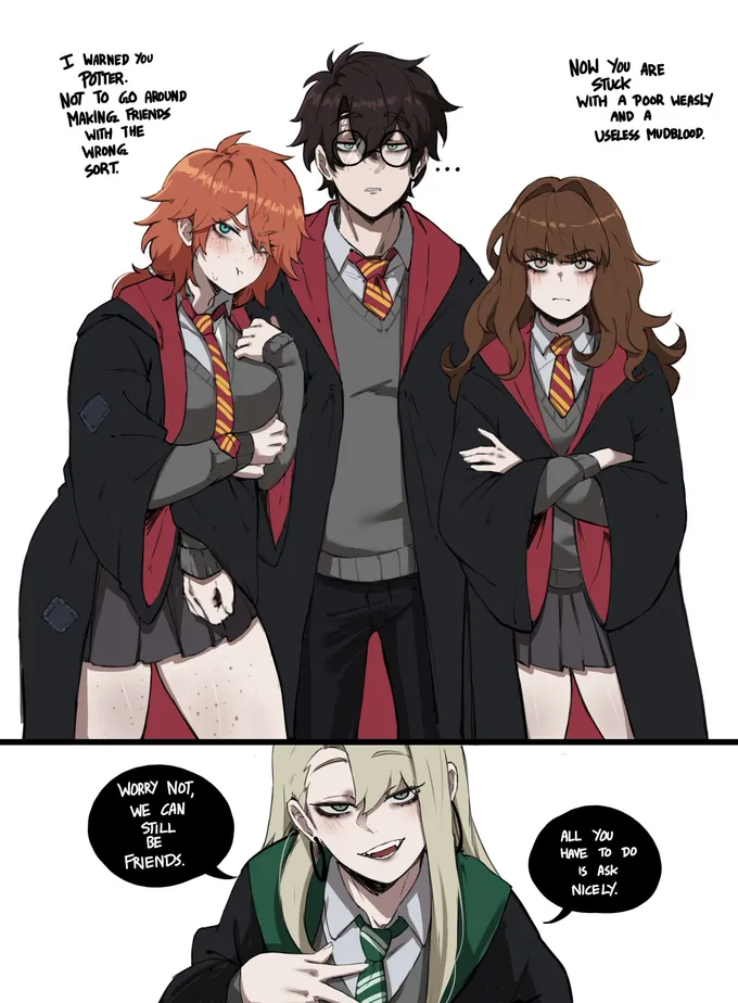 Ron, Harry and Hermione with arms folded above a panel of Malfoid smiling with two speech bubbles, by @masoq095