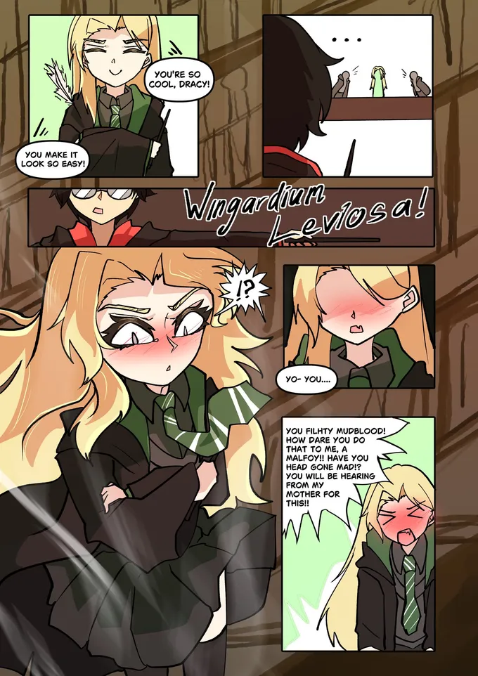 Colored comic page: Harry casts Wingardium Leviosa and girl Draco floats up, furious and blushing