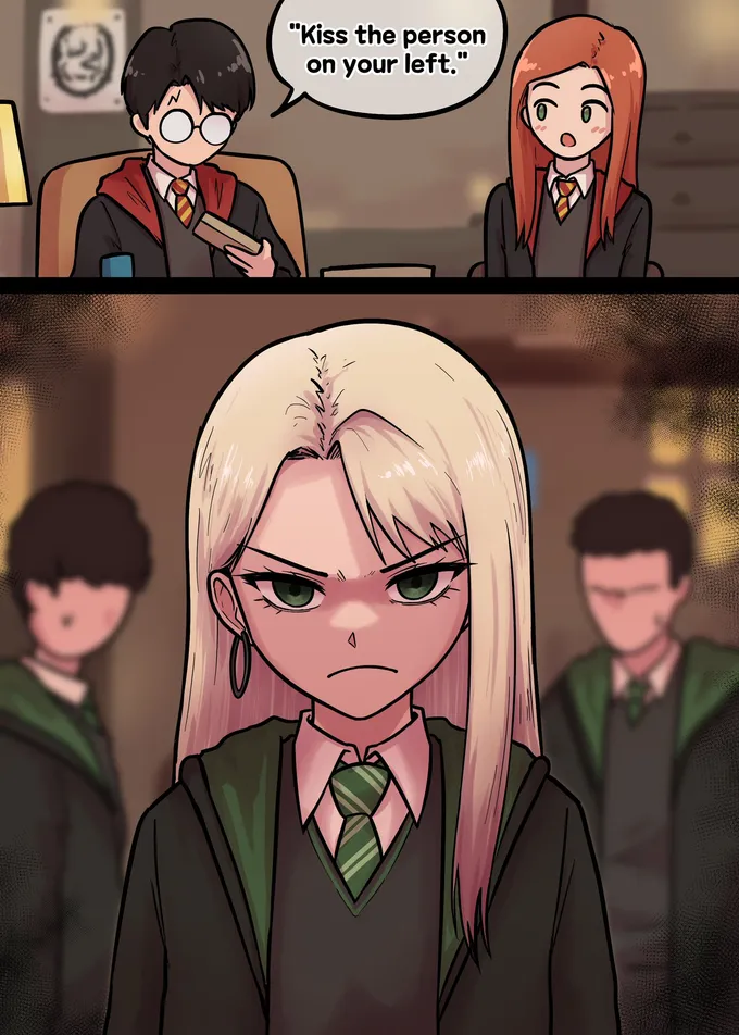 Harry reading a card next to Ginny, then Malfoid glaring in the next panel, by @Janggondan