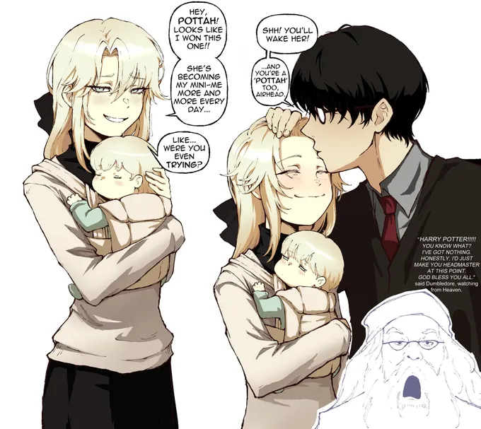 Girl Draco holding a baby and grinning while Harry kisses her forehead, Dumbledore's ghost watching