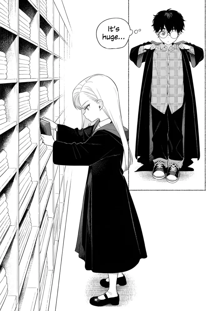 Black and white manga pages of young Harry meeting a smiling blonde girl in a robe shop, by @Sachi_Hwa (1 of 4)