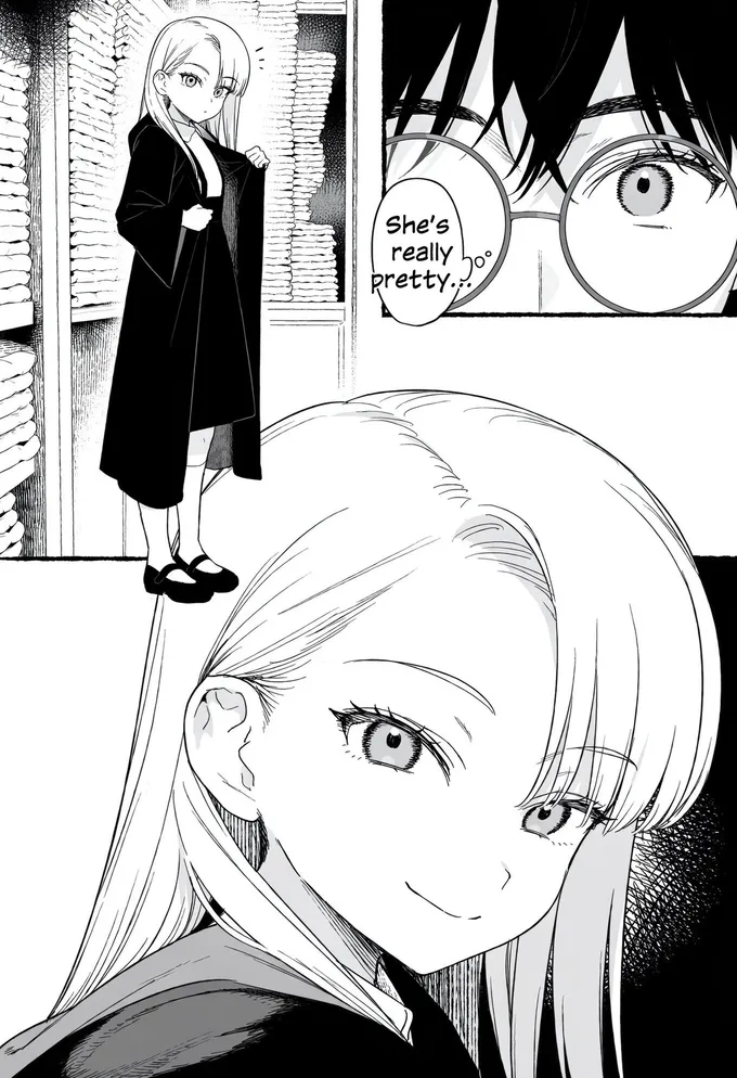 Black and white manga pages of young Harry meeting a smiling blonde girl in a robe shop, by @Sachi_Hwa (2 of 4)