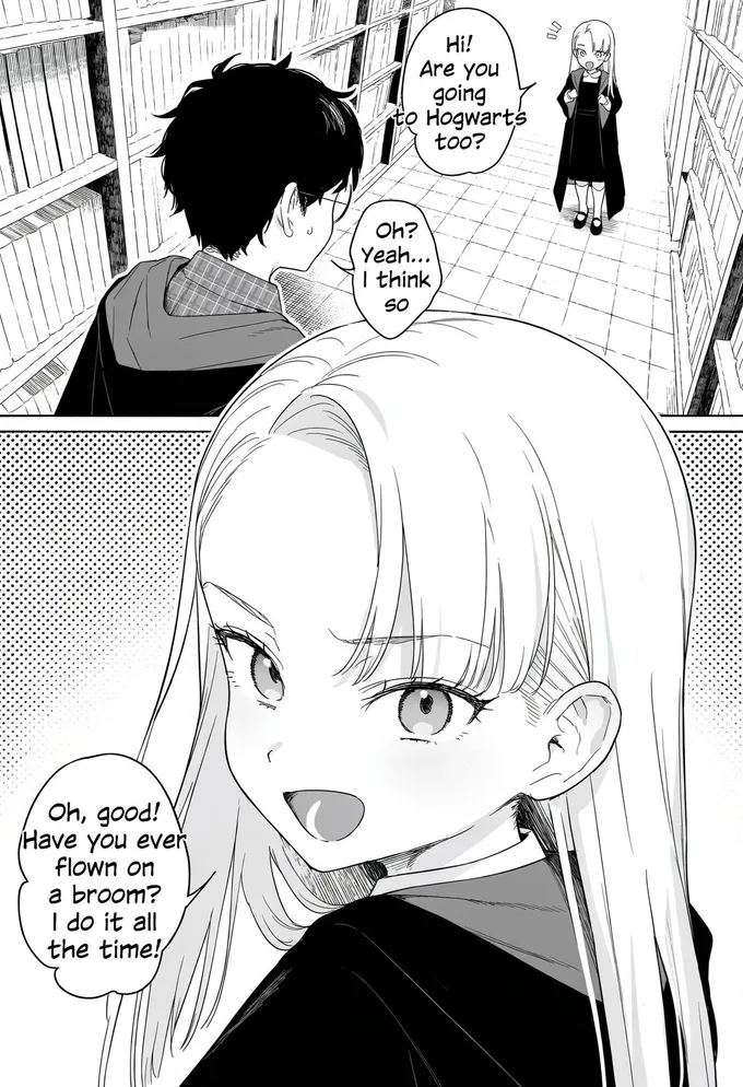 Black and white manga pages of young Harry meeting a smiling blonde girl in a robe shop, by @Sachi_Hwa (3 of 4)