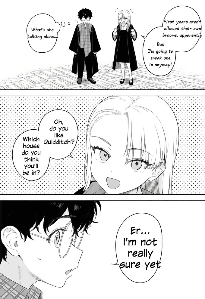 Black and white manga pages of young Harry meeting a smiling blonde girl in a robe shop, by @Sachi_Hwa (4 of 4)
