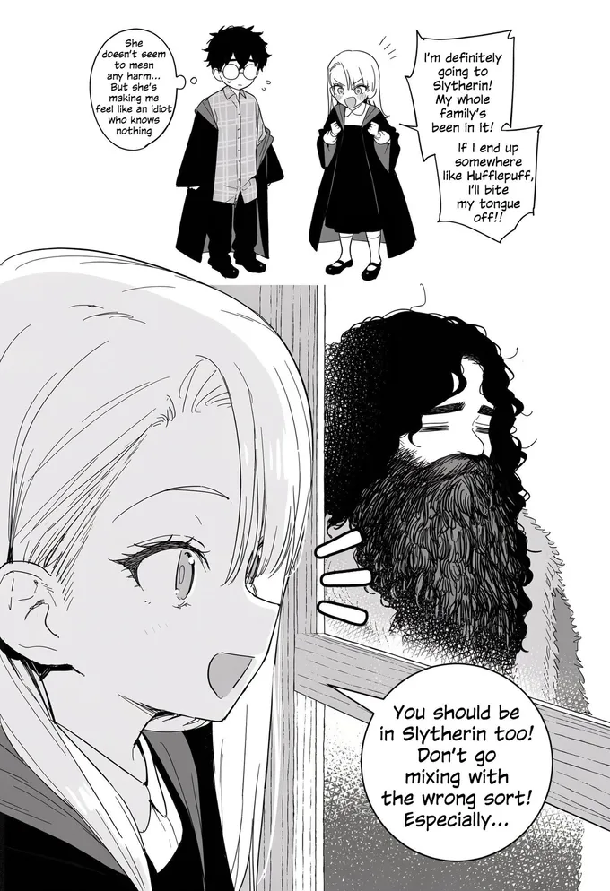 Manga pages of Hagrid arriving and Harry turning away from a blonde girl, by @Sachi_Hwa (1 of 4)