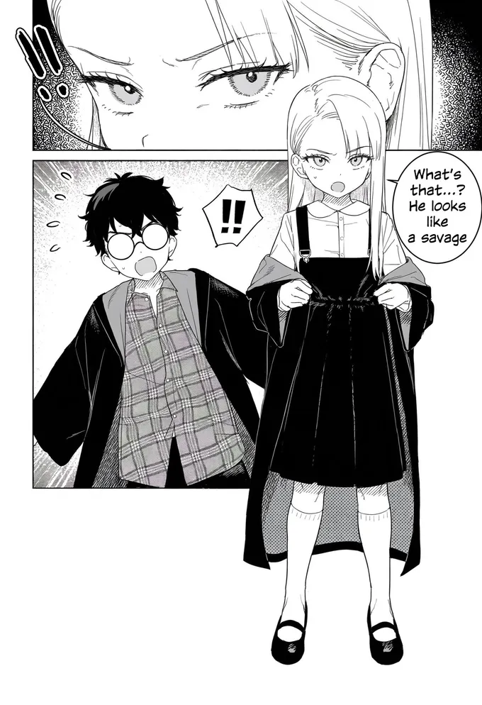 Manga pages of Hagrid arriving and Harry turning away from a blonde girl, by @Sachi_Hwa (2 of 4)