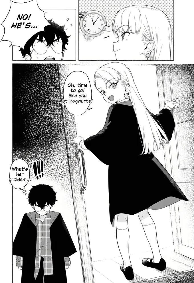 Manga pages of Hagrid arriving and Harry turning away from a blonde girl, by @Sachi_Hwa (3 of 4)