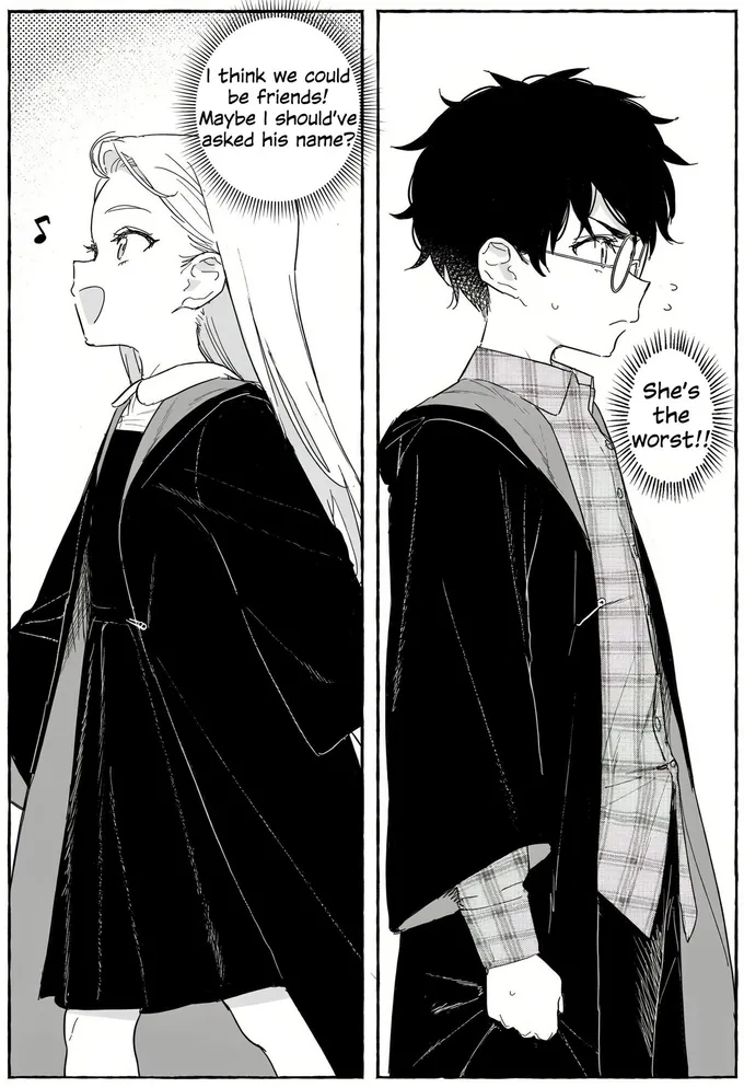 Manga pages of Hagrid arriving and Harry turning away from a blonde girl, by @Sachi_Hwa (4 of 4)