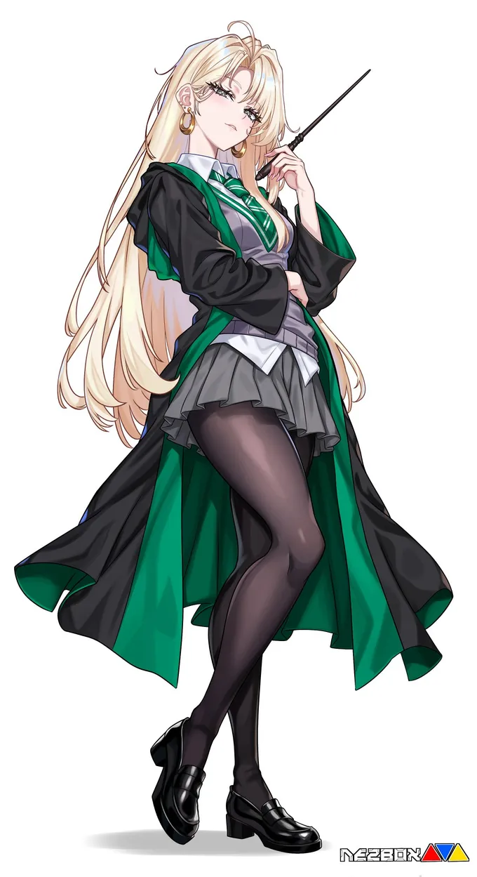 Full-length drawing of a blonde girl Draco in a green-lined Slytherin robe, grey skirt and black tights, holding a wand with a bored look
