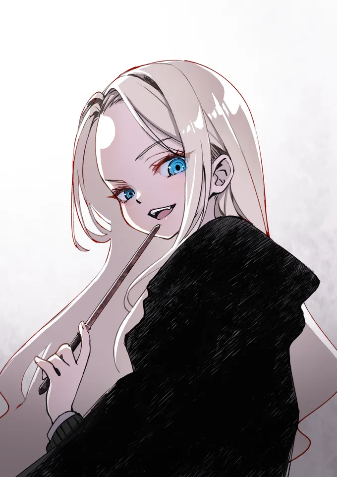Malfoid glancing over her shoulder with a wand near her lips, by @matsuryun