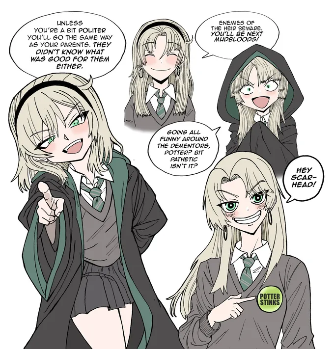 Collage of girl Draco at four ages, pointing and taunting, one wearing a Potter Stinks badge