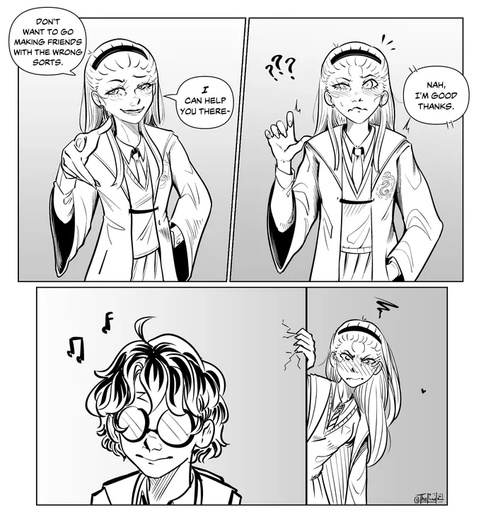 Black-and-white four-panel comic: girl Draco offers Harry advice, he declines, she sulks behind a wall