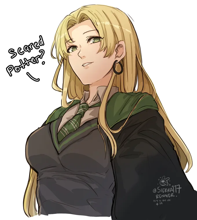 Malfoid with long blond hair and gold earrings smirking under the words Scared, Potter?, by @s117renner