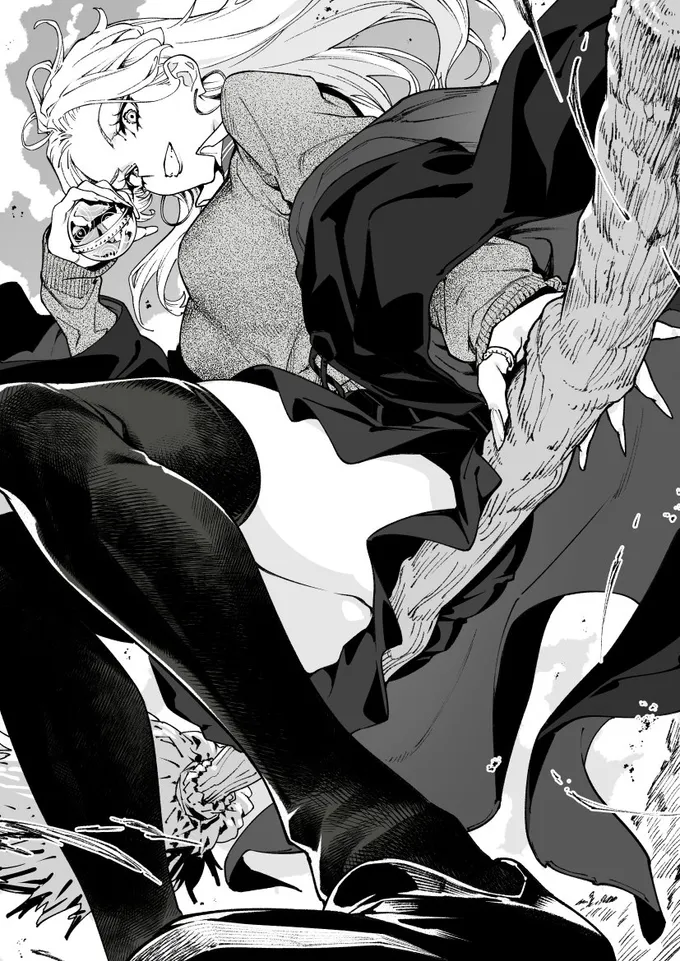 Black-and-white manga-style drawing of a girl Draco with messy long hair and a grin, leaning back on a broomstick