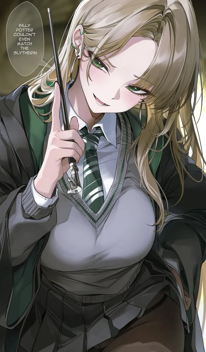 Painted portrait of Malfoid raising a wand with a speech bubble about Potter, by @re0nnn