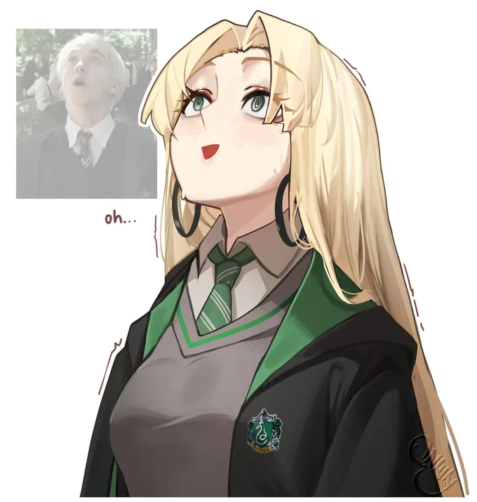 Malfoid looking up in surprise next to a small still of Draco from the films, by @szeiart