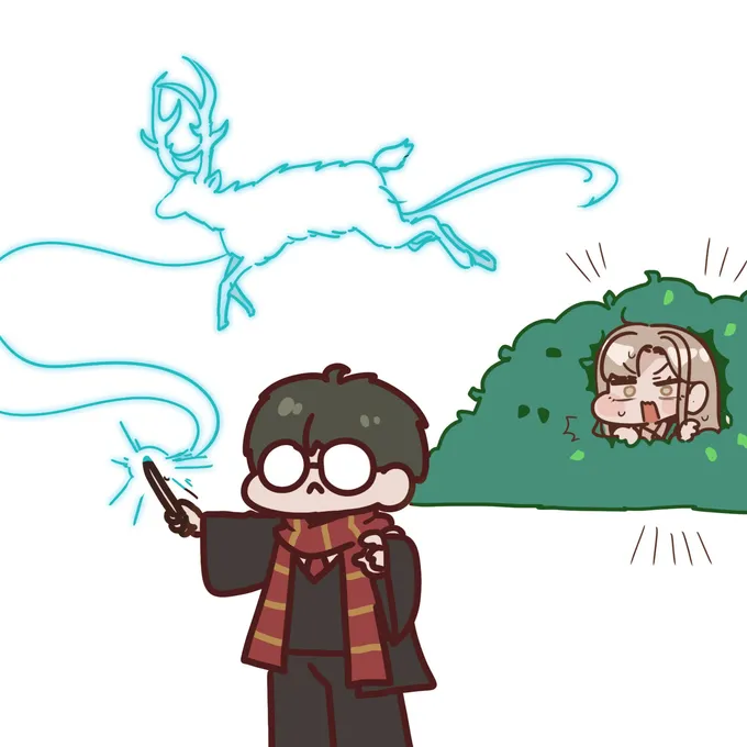 Chibi Harry casting a stag Patronus while Malfoid watches from a bush, by @sigmman (1 of 2)