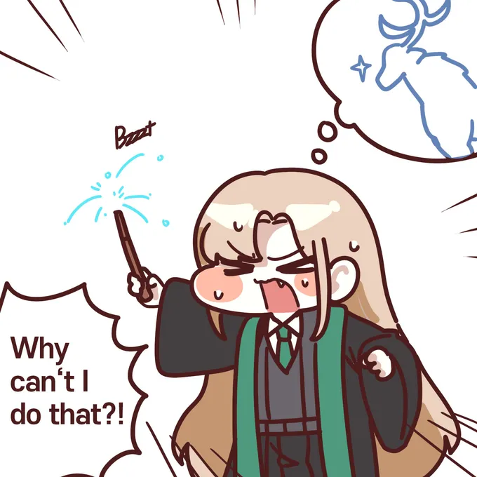 Chibi Harry casting a stag Patronus while Malfoid watches from a bush, by @sigmman (2 of 2)