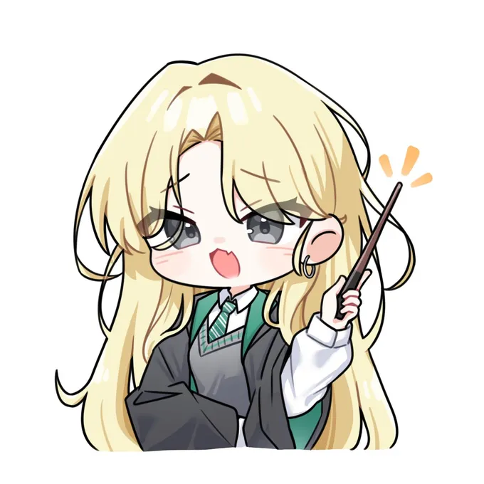 Chibi Malfoid holding a small wand with her mouth open, by @whdgua_0820