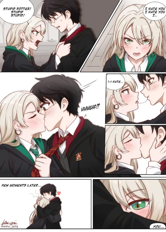 Comic page of Malfoid arguing with Harry, then kissing and hugging him, by @kenpai_arts