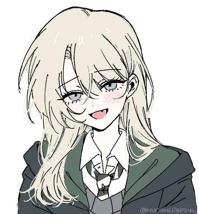 Close-up of a grinning blonde Malfoid with round glasses and a green tie, by @yunayuispink