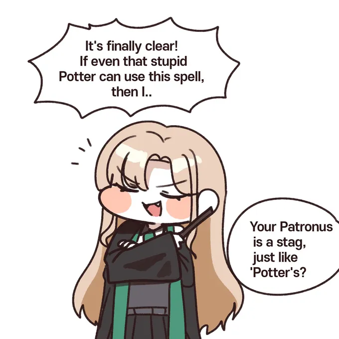 Chibi comic of Malfoid casting a stag Patronus while Snape questions her, by @sigmman (2 of 4)