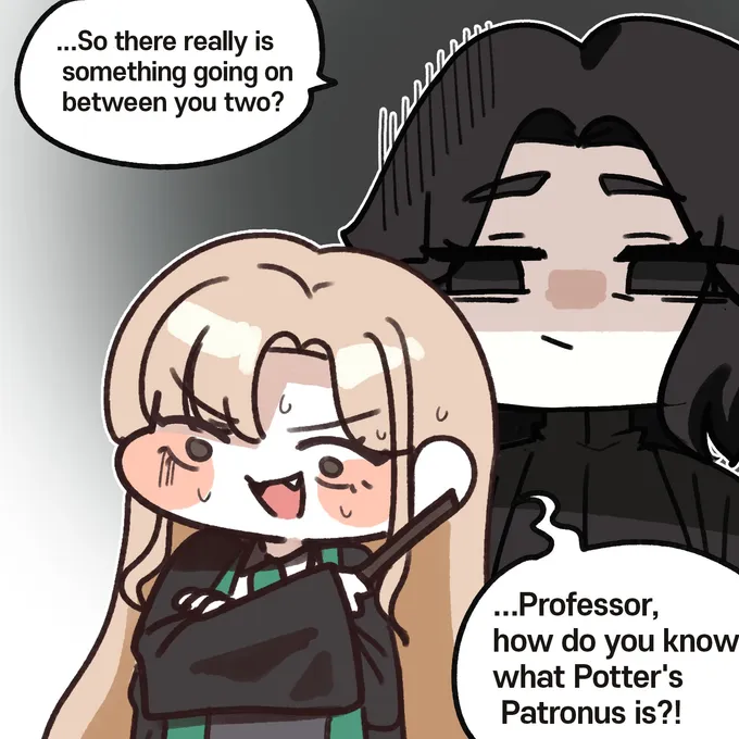 Chibi comic of Malfoid casting a stag Patronus while Snape questions her, by @sigmman (3 of 4)