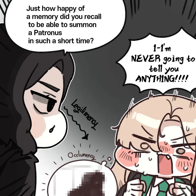 Chibi comic of Malfoid casting a stag Patronus while Snape questions her, by @sigmman (4 of 4)