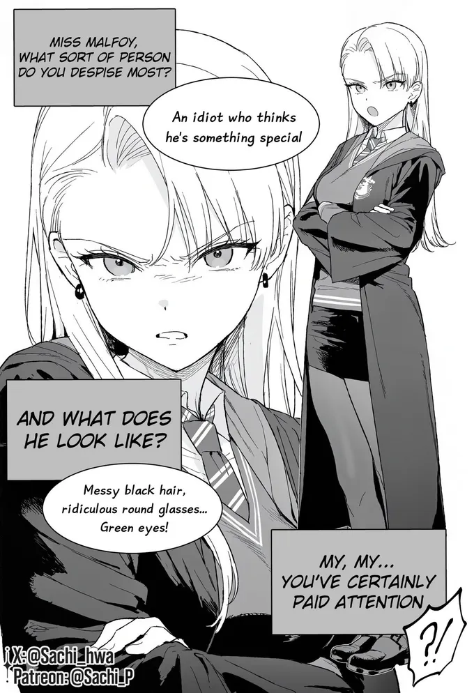 Manga pages of an interview with Malfoid ending in a Daily Prophet front page, by @Sachi_Hwa (1 of 4)