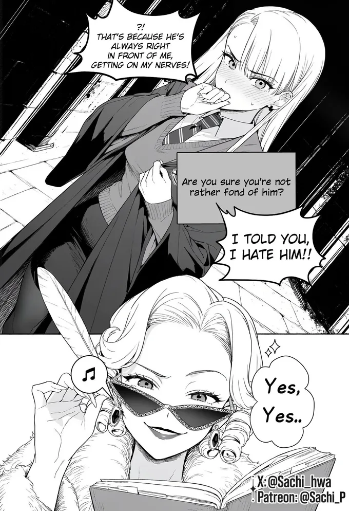 Manga pages of an interview with Malfoid ending in a Daily Prophet front page, by @Sachi_Hwa (2 of 4)