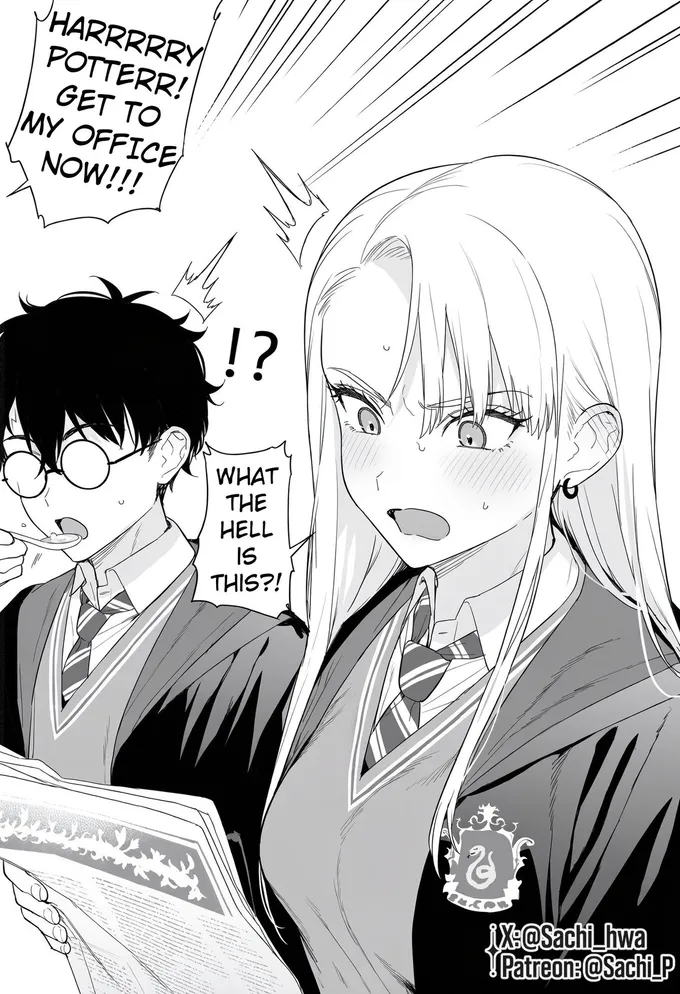 Manga pages of an interview with Malfoid ending in a Daily Prophet front page, by @Sachi_Hwa (3 of 4)