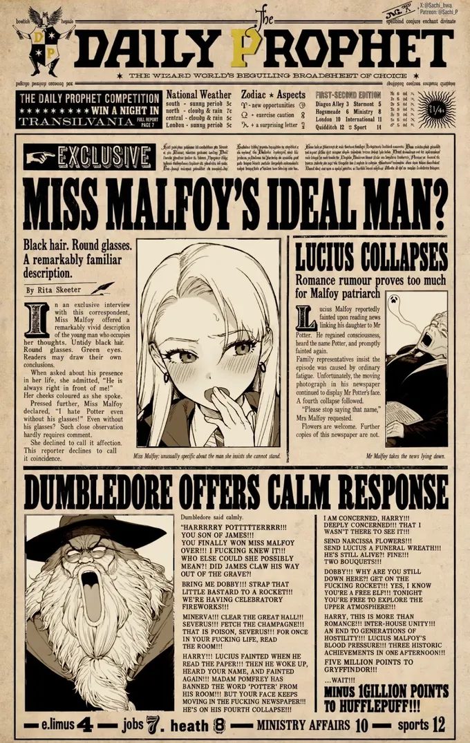 Manga pages of an interview with Malfoid ending in a Daily Prophet front page, by @Sachi_Hwa (4 of 4)