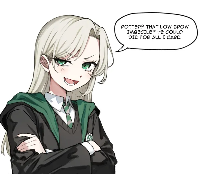 Four panels of Malfoid complaining about Potter and ending flustered and blushing, by @buttoniris (1 of 4)