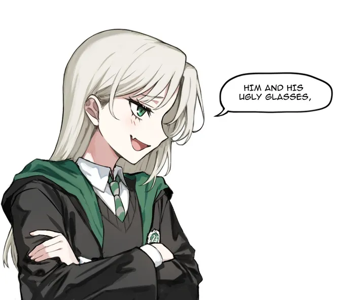 Four panels of Malfoid complaining about Potter and ending flustered and blushing, by @buttoniris (2 of 4)
