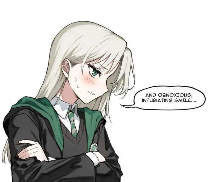 Four panels of Malfoid complaining about Potter and ending flustered and blushing, by @buttoniris (3 of 4)